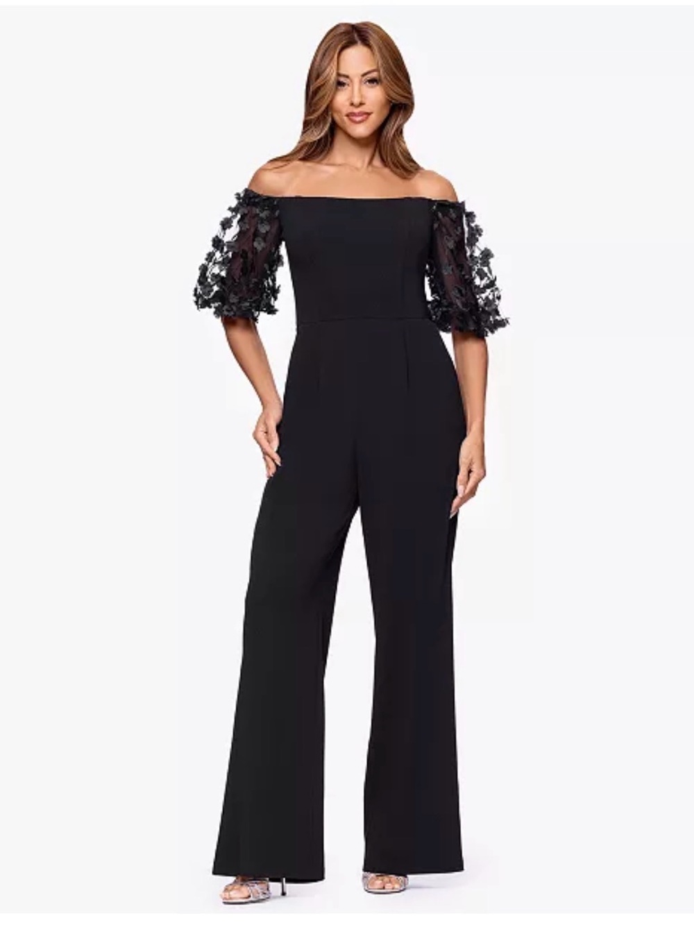 Women's Off-The-Shoulder Ruched Side Floral Jumpsuit Black